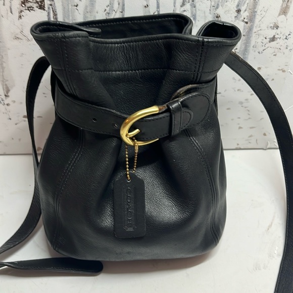 COACH Mini Bucket Bag, Black Crossbody Shoulder Bag Black Leather Belted Pouch